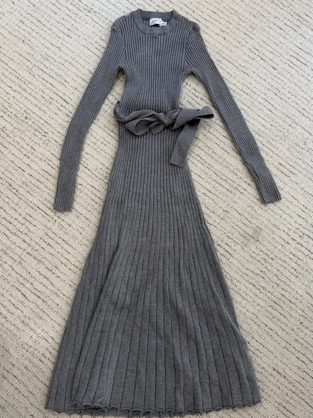 Petal & Pup Gray Ribbed Long-Sleeve Belted Maxi Dress
